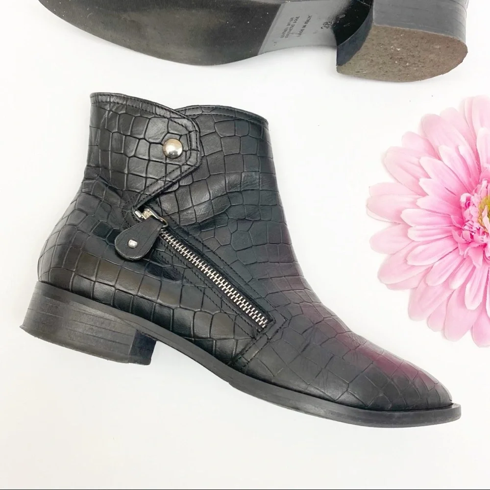 Napoleoni Italy Croc Embossed Leather Moto Zip Ankle Boots: Black